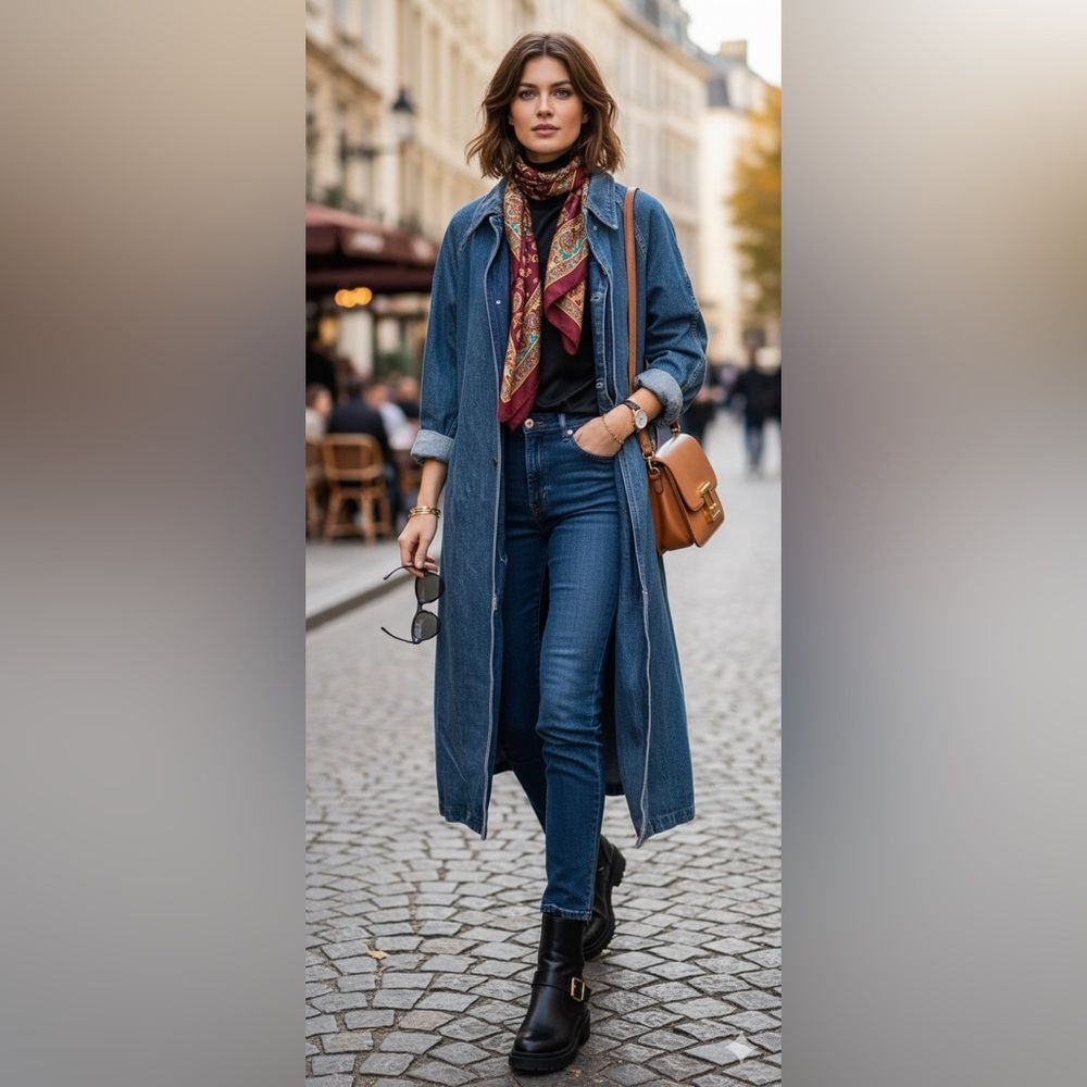 Guess by Marciano Long Denim Trench Coat with Blue Jeans